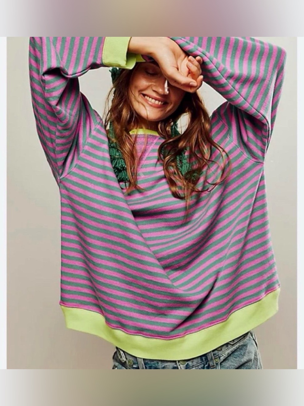 Free People Classic Striped Oversized Boho Crewneck Lime Green Trim Sz S
